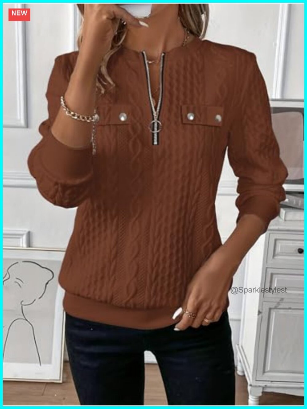 Women's Half Zip Cable Knit Sweatshirt with Chest Pockets Long Sleeve Pullover